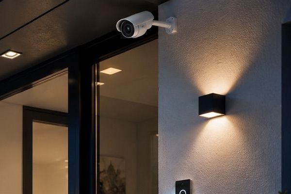 Überwachungskamera und Wandleuchte am Hauseingang bei Nacht